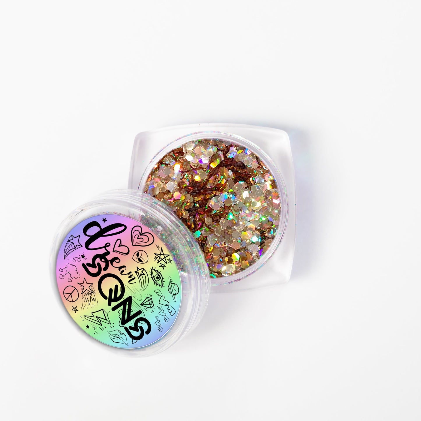 24K Chunky Glitter by DreamSQNS. Pictured in the DreamSQNS packaging. Holographic gold chunky glitter.