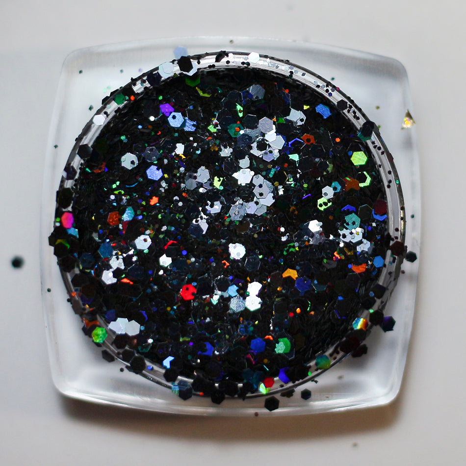 A top view of the DreamSQNS Holographic Glitter in shade Black Magic