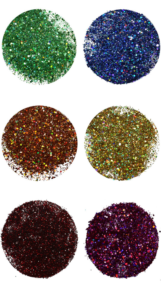 A swatch image of the six holographic glitters featured in the DreamSQNS Pride Bundle